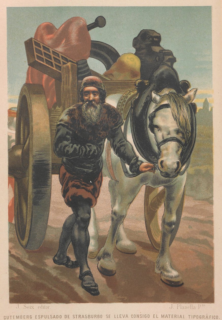 Johannes Gutenberg forlater Strasbourg. Fra: Vitenskap og dens menn, 1879. av Juan Planella y Rodríguez