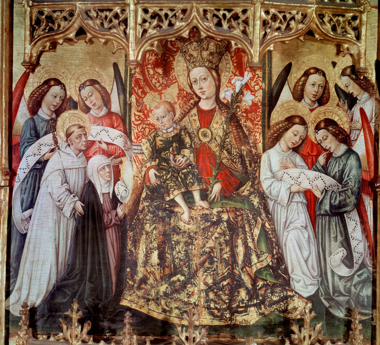 Altertavle av St. Ursula: "" Jomfru og barn med hellige og engler"" Maleri av Joan Reixach (1431-1482) fra klosteret Santa Maria di Poblet - 1468 (altertavle Santa Ursula, maleri av Joan Reixach fra klosteret Santa Maria de Poblet av Juan Rexach or Reixach