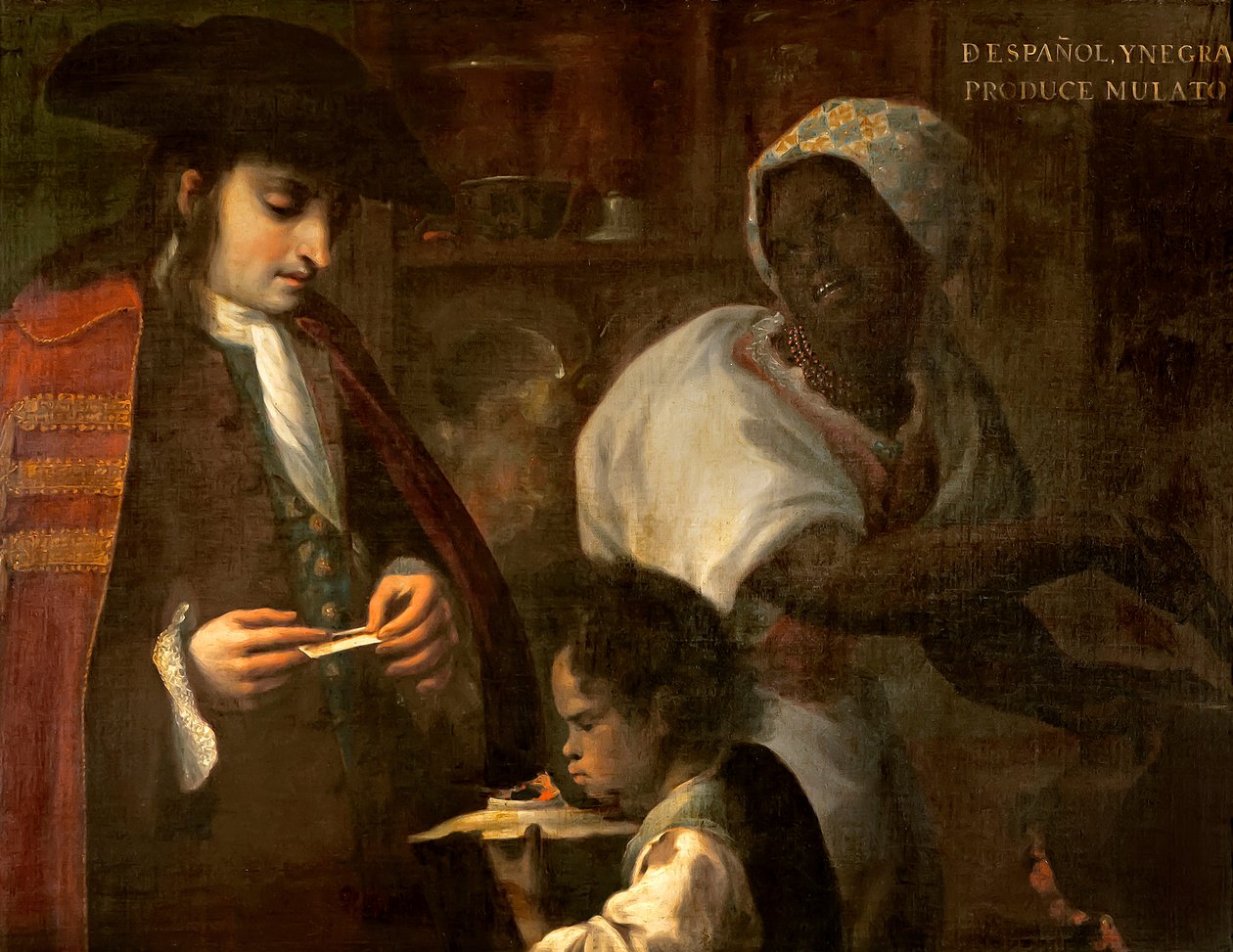 Spanjoler og svarte produserer en mulatt, ca. 1715 av Juan Rodríguez Juárez