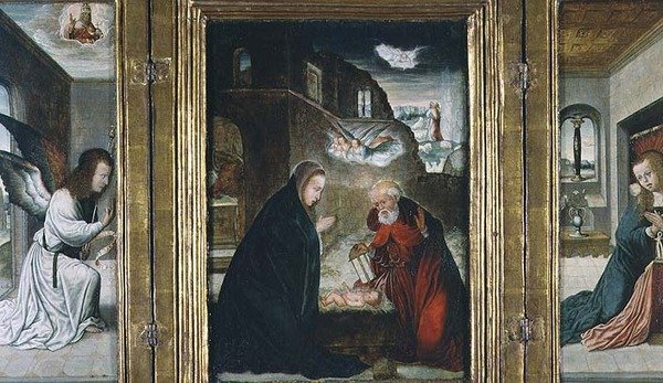 The Birth of Christ Triptych med fødselen flankert av kunngjøringen (panel) (se også 82427) av Juan de (school of) Flandes