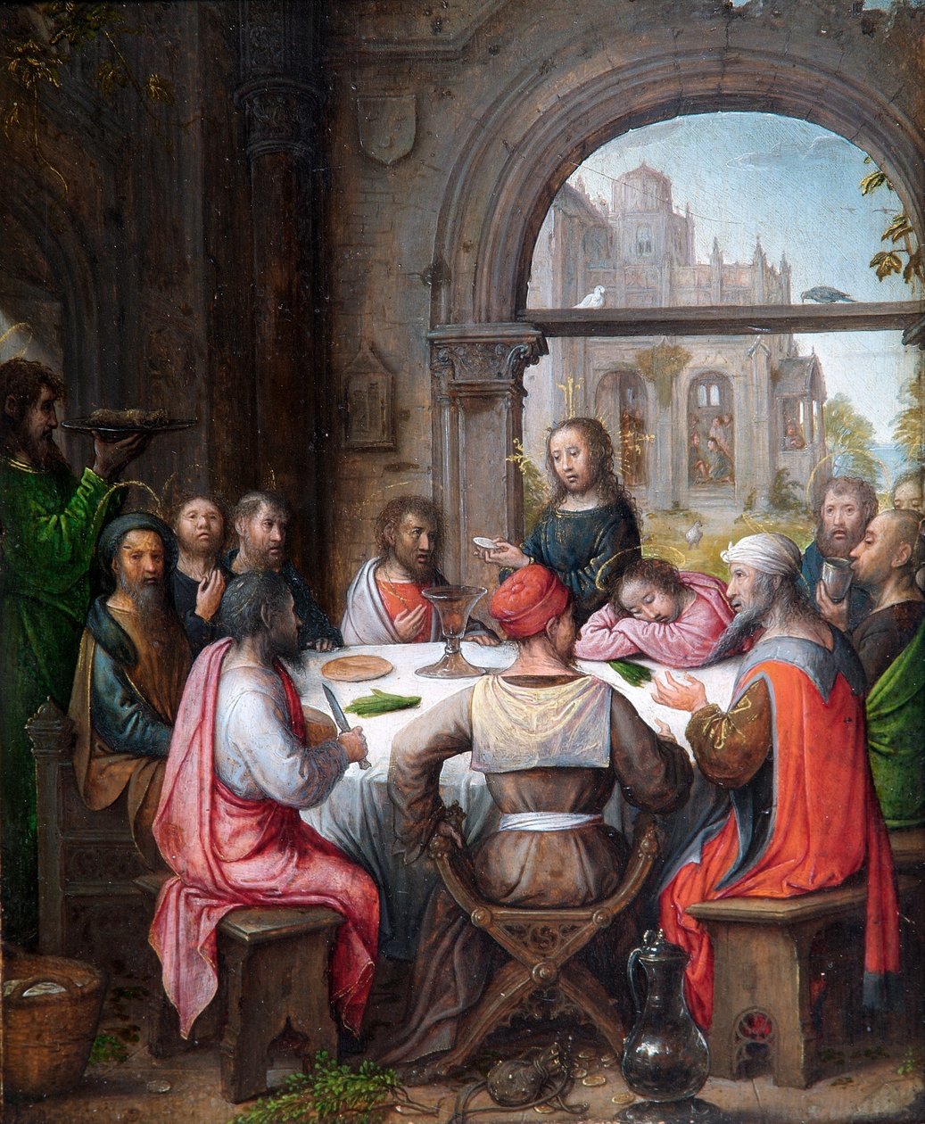 Nattverden, med innstiftelsen av eukaristien og Kristus som vasker disiplenes føtter (olje på eikepanel) av Juan de (school of) Flandes