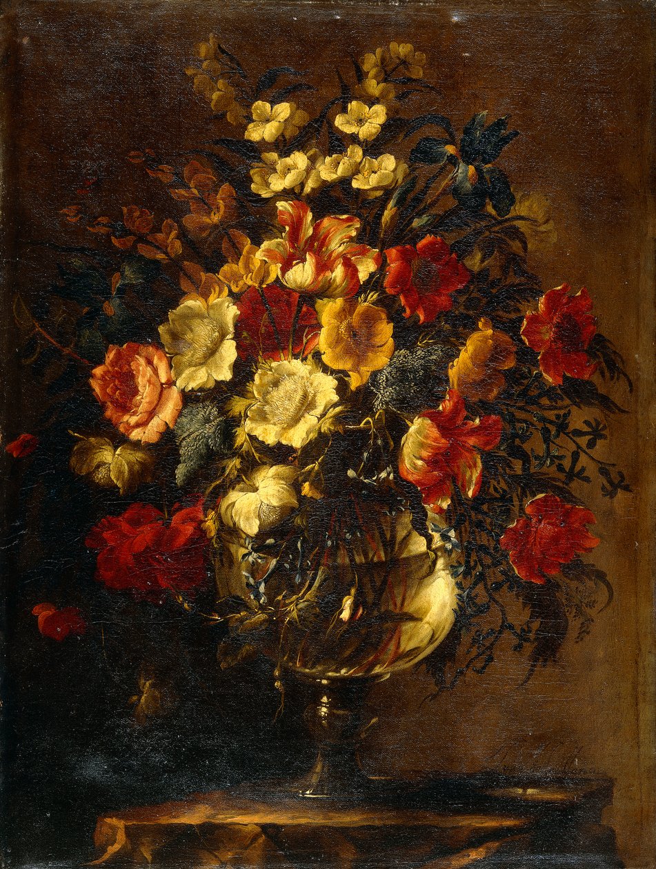 Blomster i en glassvase på en stein, av Juan de Arellano