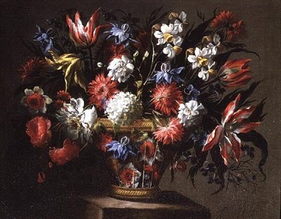 Stilleben av tulipaner, påskeliljer og andre blomster i en kurv av Juan de Arellano