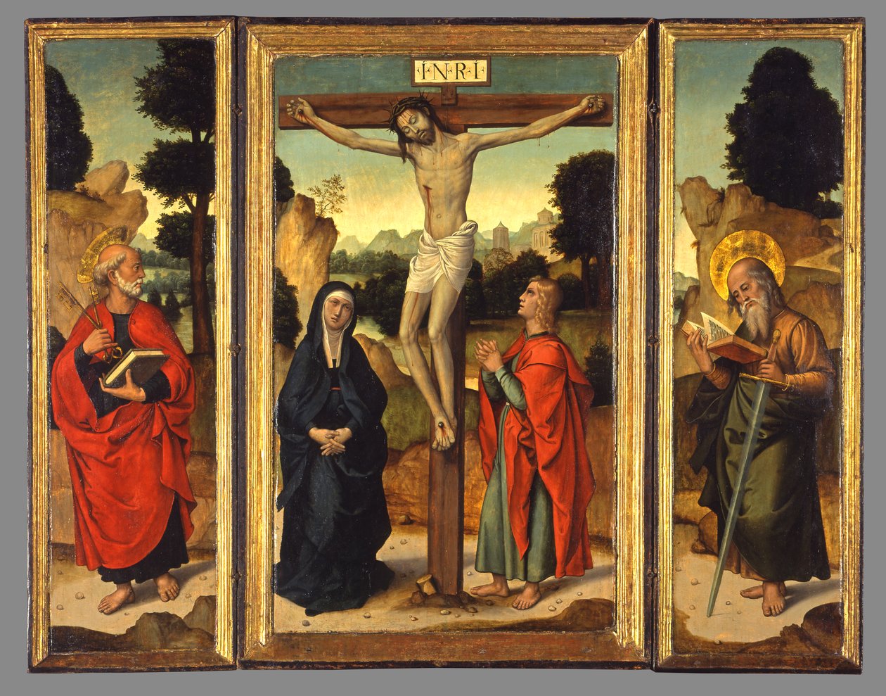 Korsfestelse med jomfruen og de hellige Johannes evangelisten, Peter og Paulus, ca. 1520-1540 av Juan de Borgoña