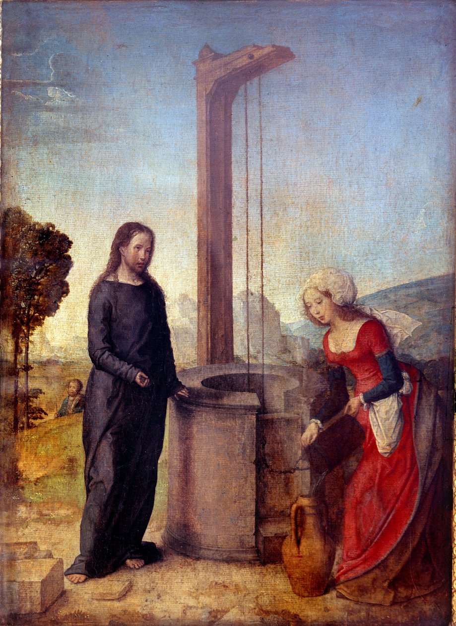 Kristus og Samaritan-maleriet av Juan de Flanddes (kjent fra 1496 til 1519) Søn. 0,24x0,17 m . av Juan de Flandes