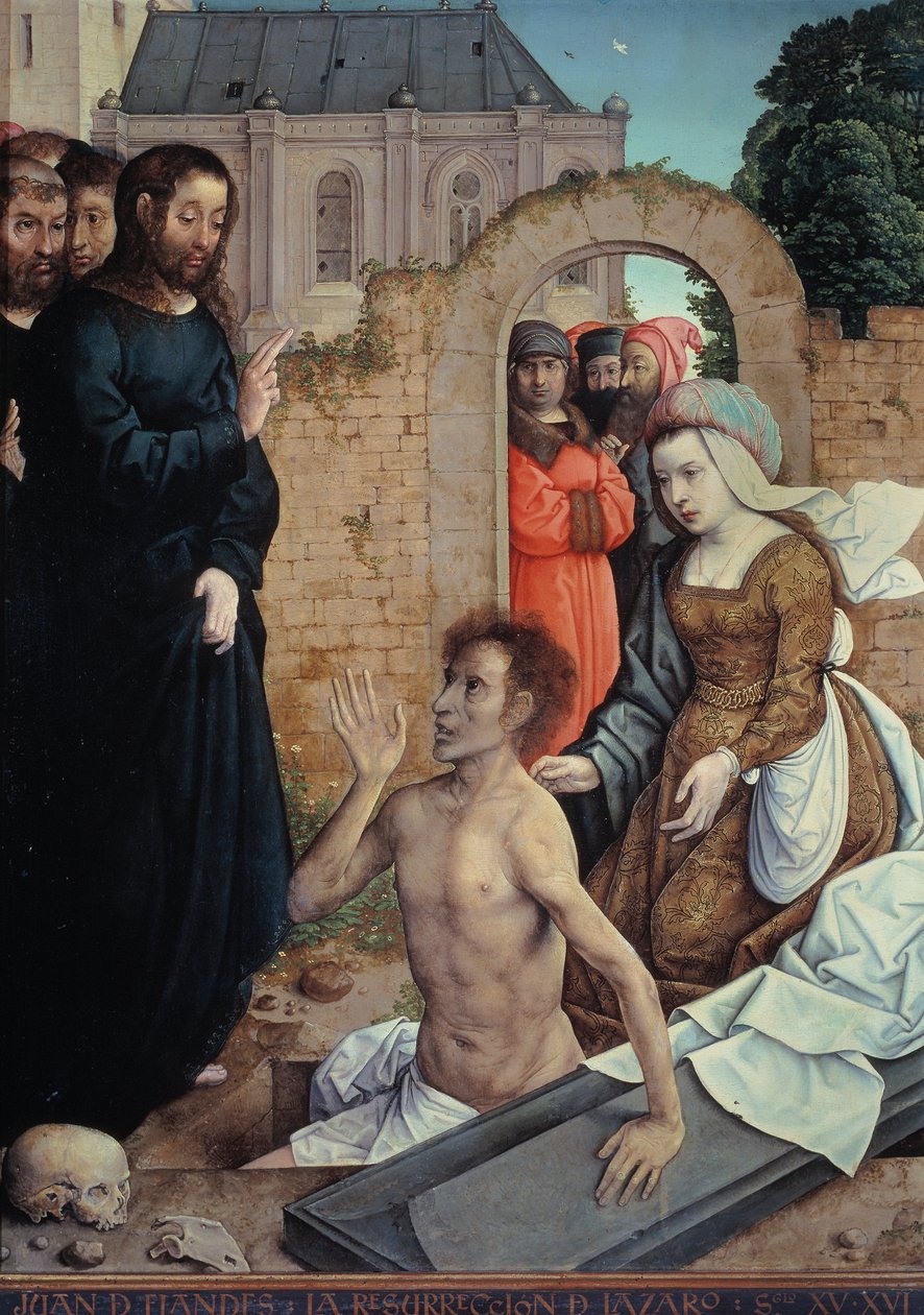 ""La resurrection de Lazare"" (The Resurrection of Lazarus) Maleri av Juan (Jean) de Flandes (vers 1465-1519) - 1514-1519 Dim 110x84 cm Museo del Prado, Madrid av Juan de Flandes