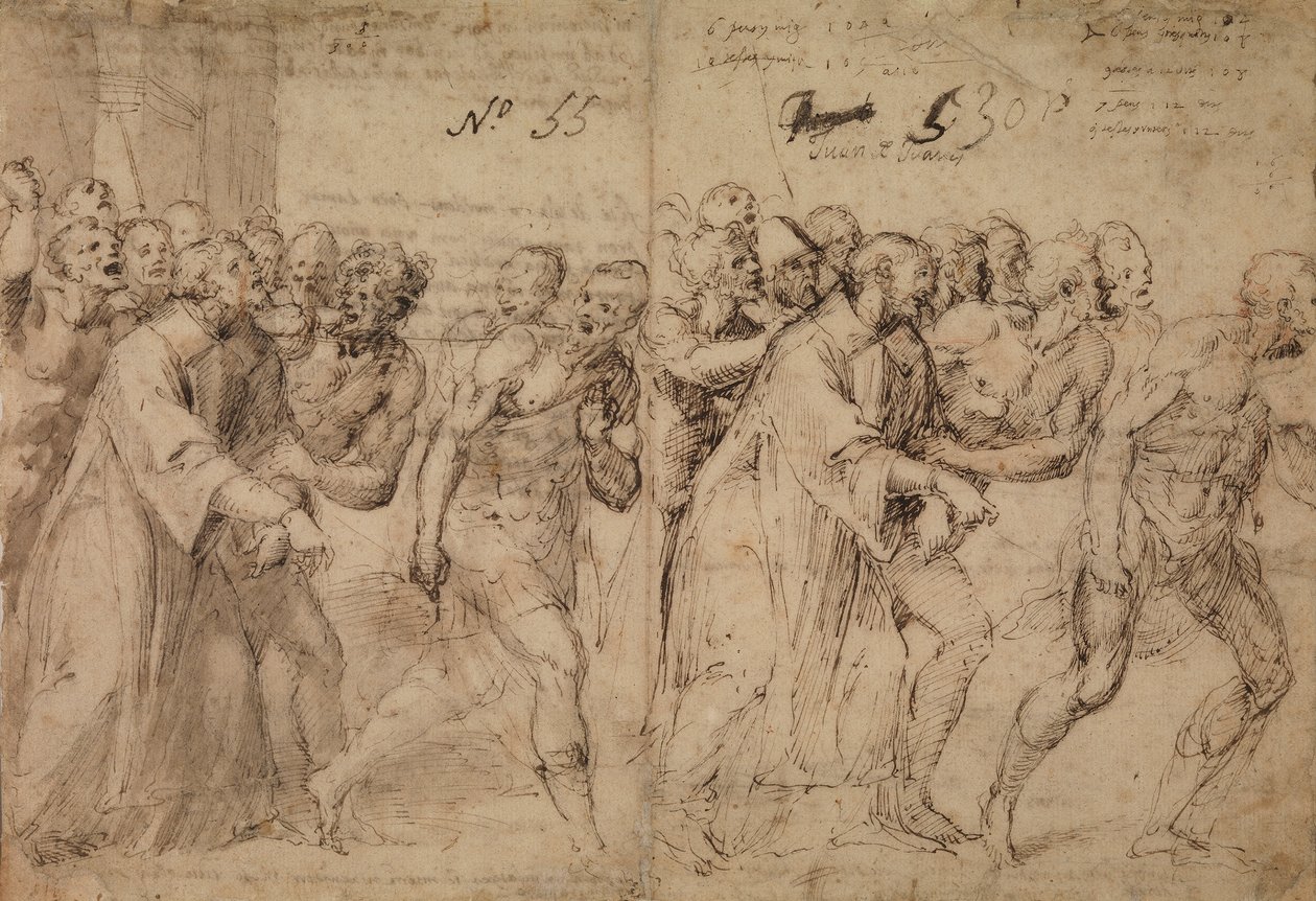 Studie for Saint Stephen Being Led to His Martyrdom, 1566 (penn og brunt blekk, grå vask og (senere?) spor av rødt kritt på papir) (recto) av Juan de Juanes Juan de Juanes