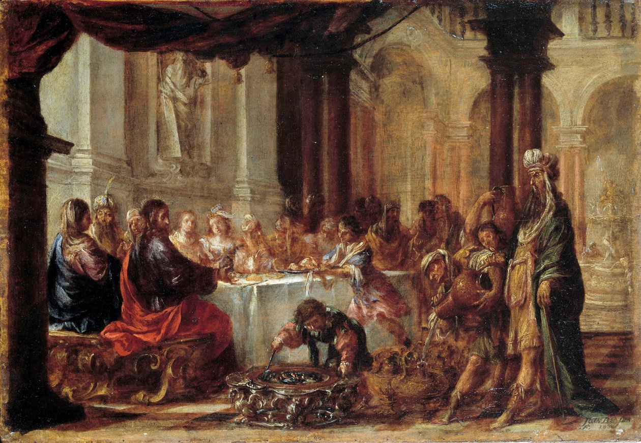 Les Noces de Cana-maleri av Juan Valdes (1622-1690) 1660 Søn. 0,23x0,34m av Juan de Valdes Leal