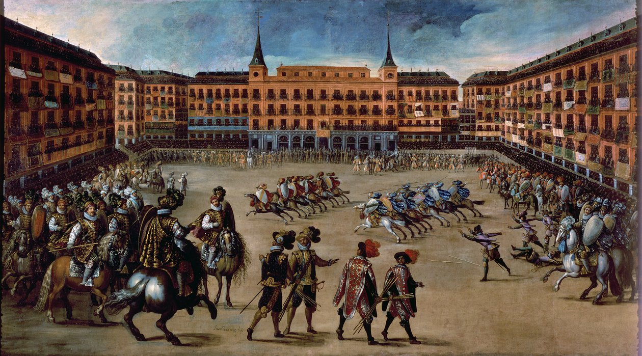 Game of Grey Hair, Plaza Mayor, Madrid (olje på lerret) av Juan de la Corte