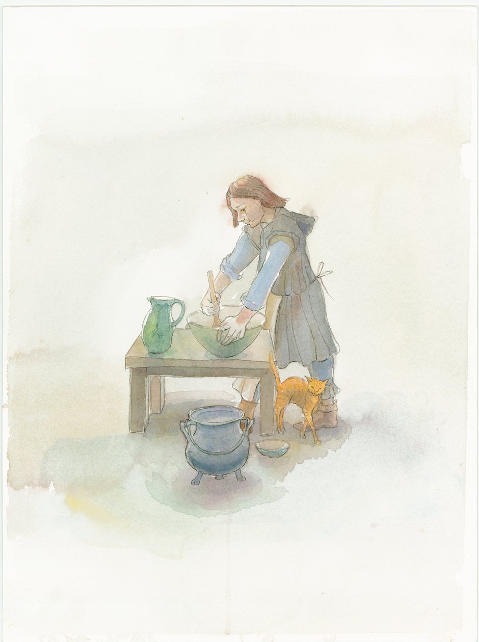En middelalderkokk som tilbereder mat, 2004. av Judith Dobie