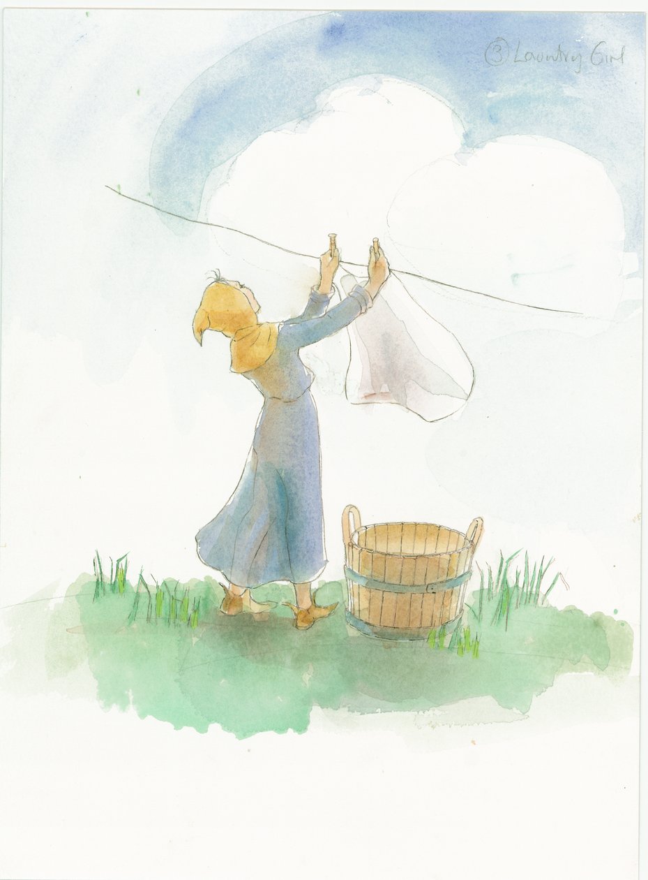 En middelaldersk jente som henger klesvask, 2004. av Judith Dobie