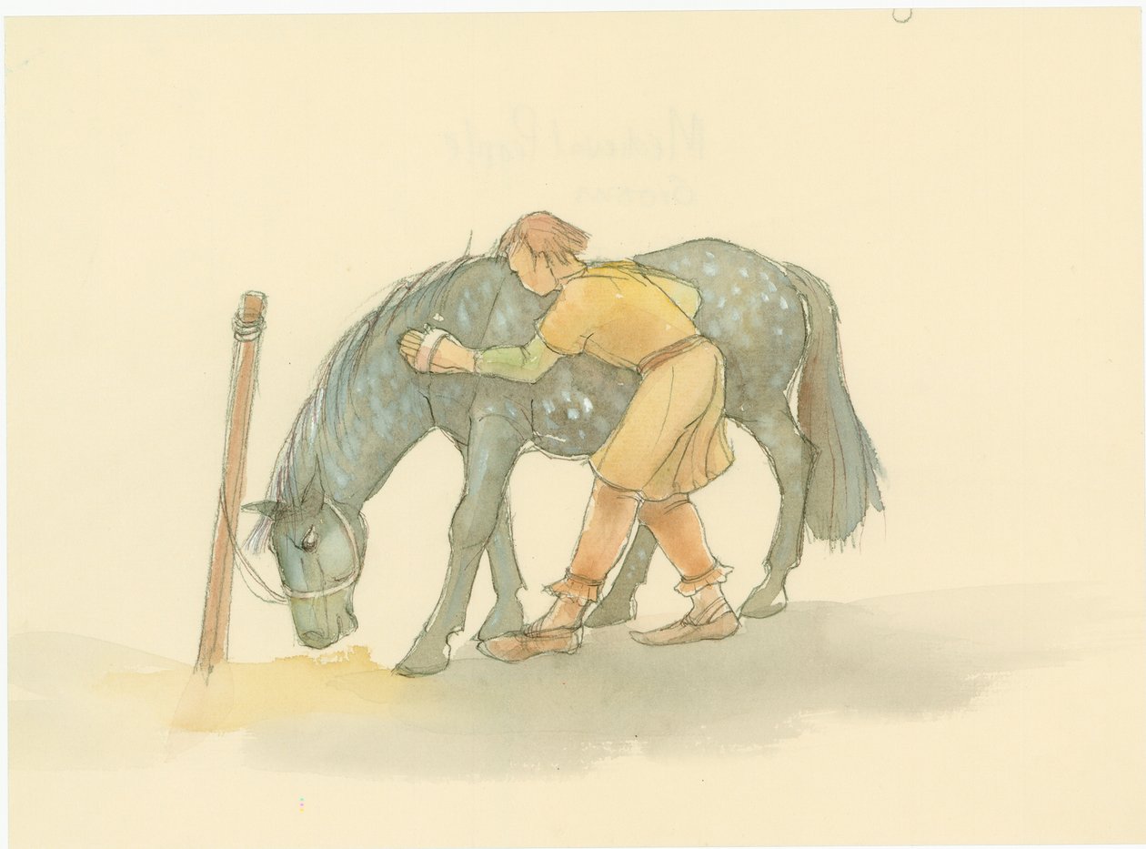 En middelaldersk brudgom som børster en hest, 2004. av Judith Dobie