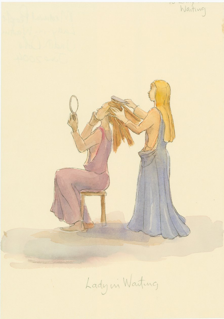 En middelalderdame som venter, børster håret til en dame, 2004. av Judith Dobie