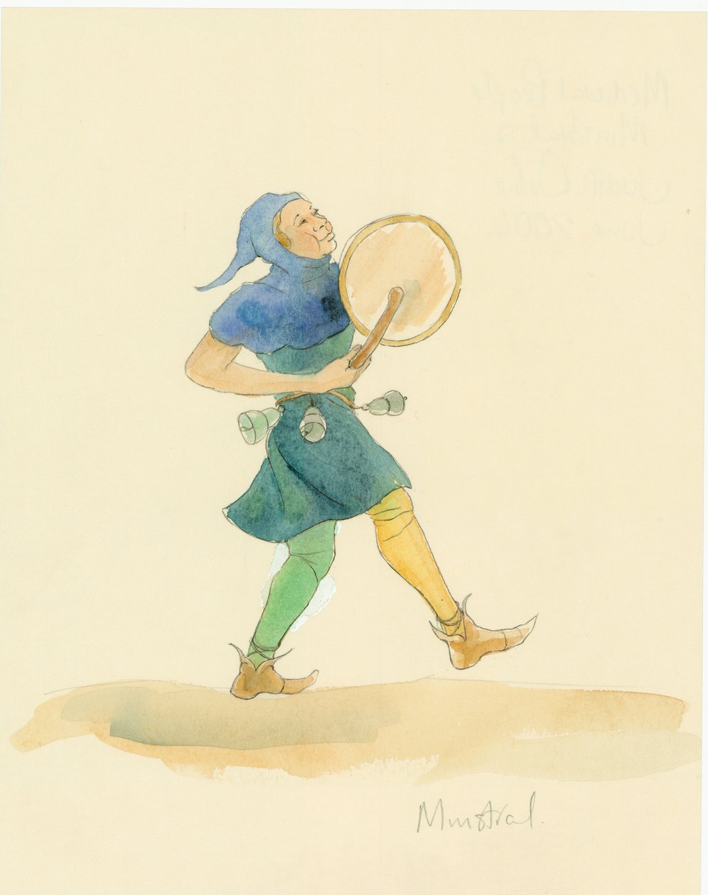 En middelaldersk minstrel som spiller et slaginstrument, muligens en tabor, 2004. av Judith Dobie