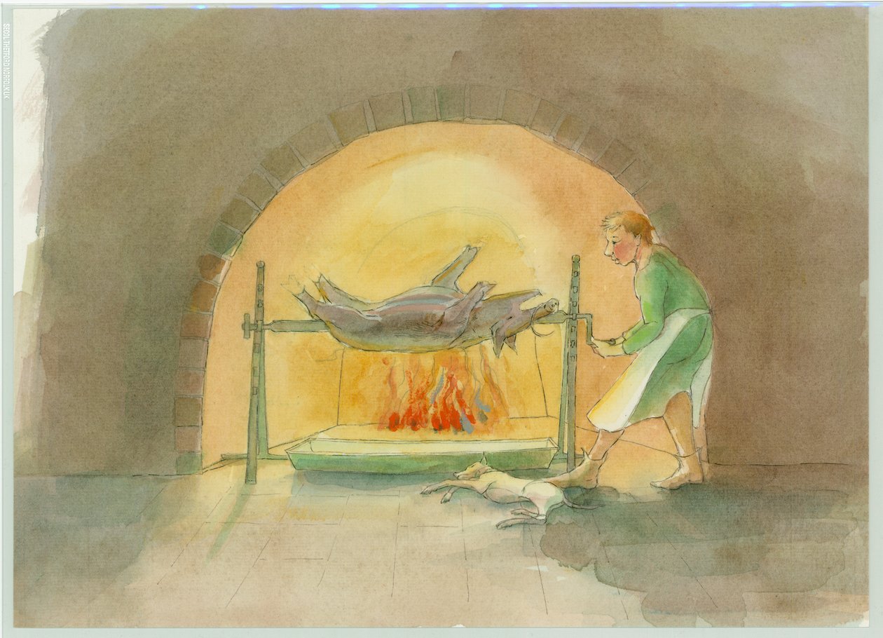 En middelaldersk spyttgutt, som blir et spytt på kjøkkenet, 2004. av Judith Dobie