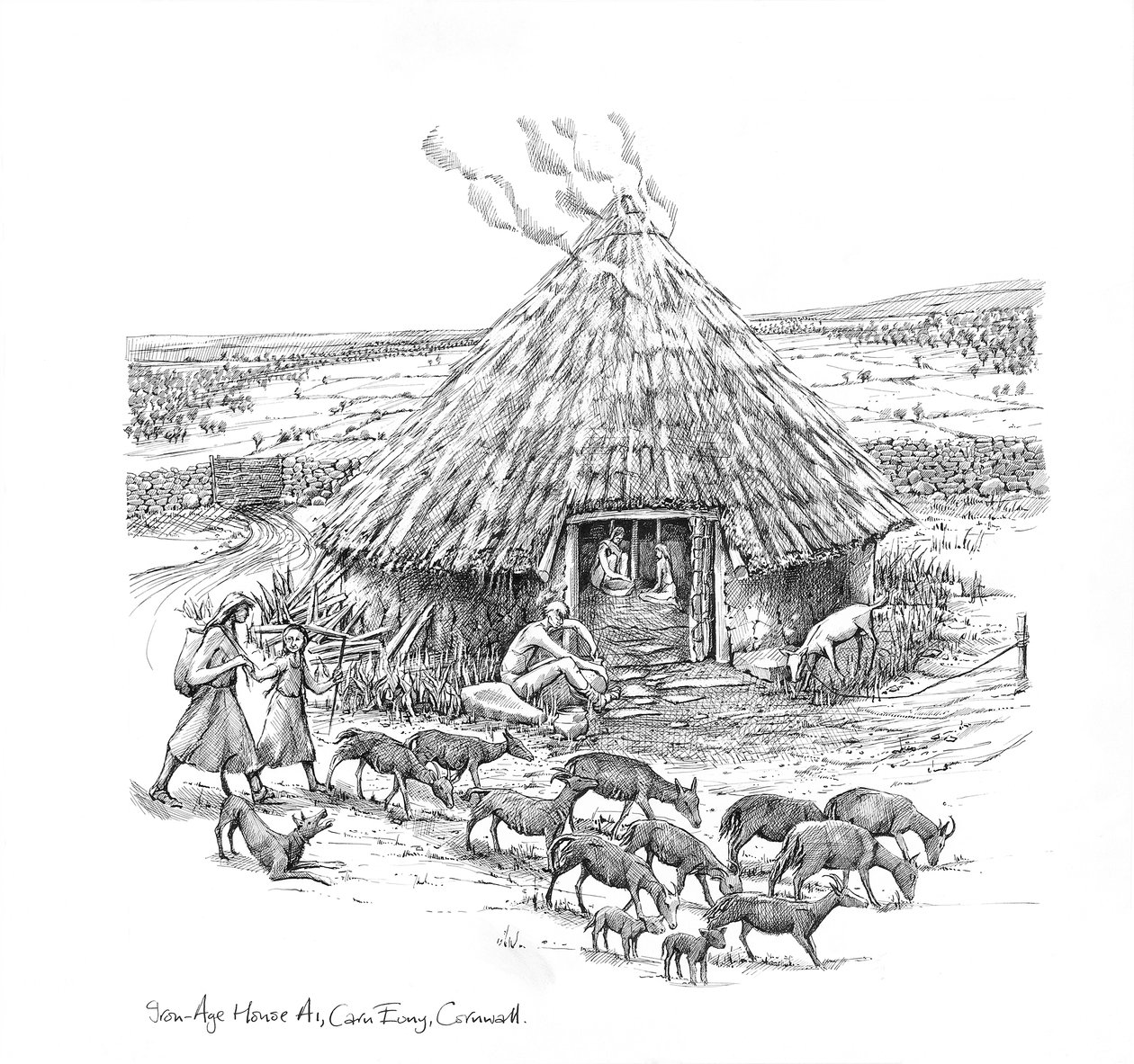 Bønder og en flokk med geiter utenfor Iron Age Roundhouse, c1990-2010 av Judith Dobie