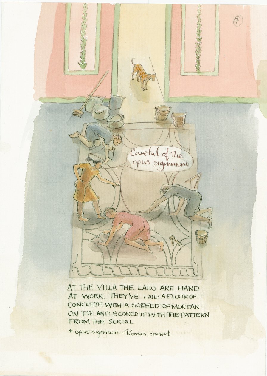 Håndverksmesteren og arbeiderne hans legger et gulv for Julias mosaikk, 2003. av Judith Dobie
