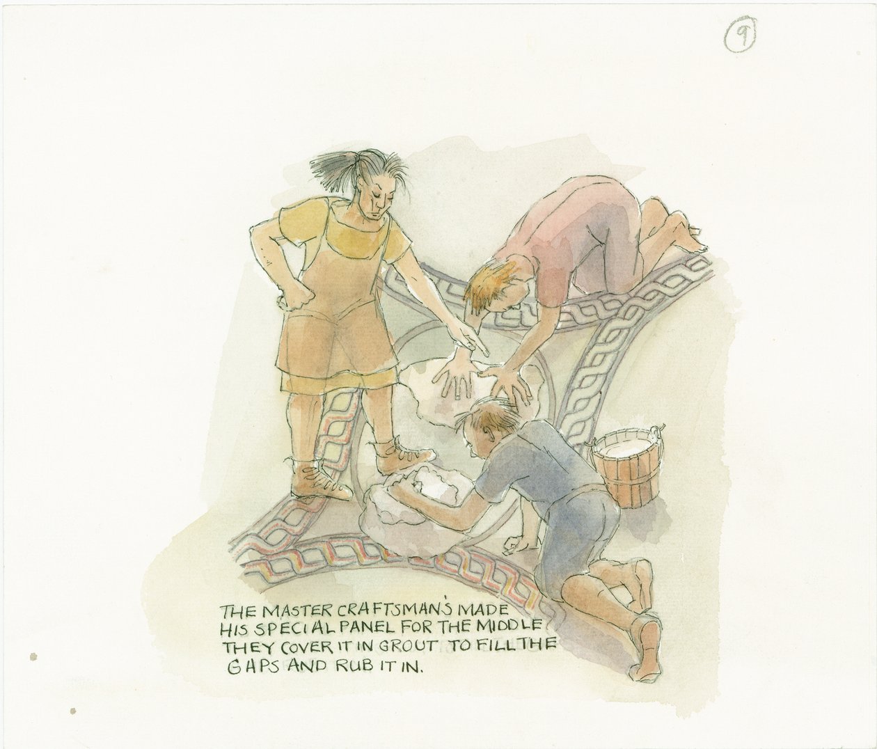 To arbeidere som fuger et gulvpanel laget og overvåket av mesterhåndverkeren, 2003. av Judith Dobie