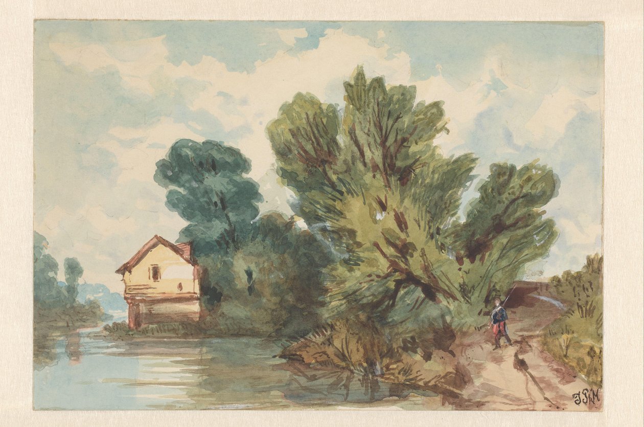 Landskap med rullator og hus på vannet av Judith Ph. Metelerkamp (signed by artist)