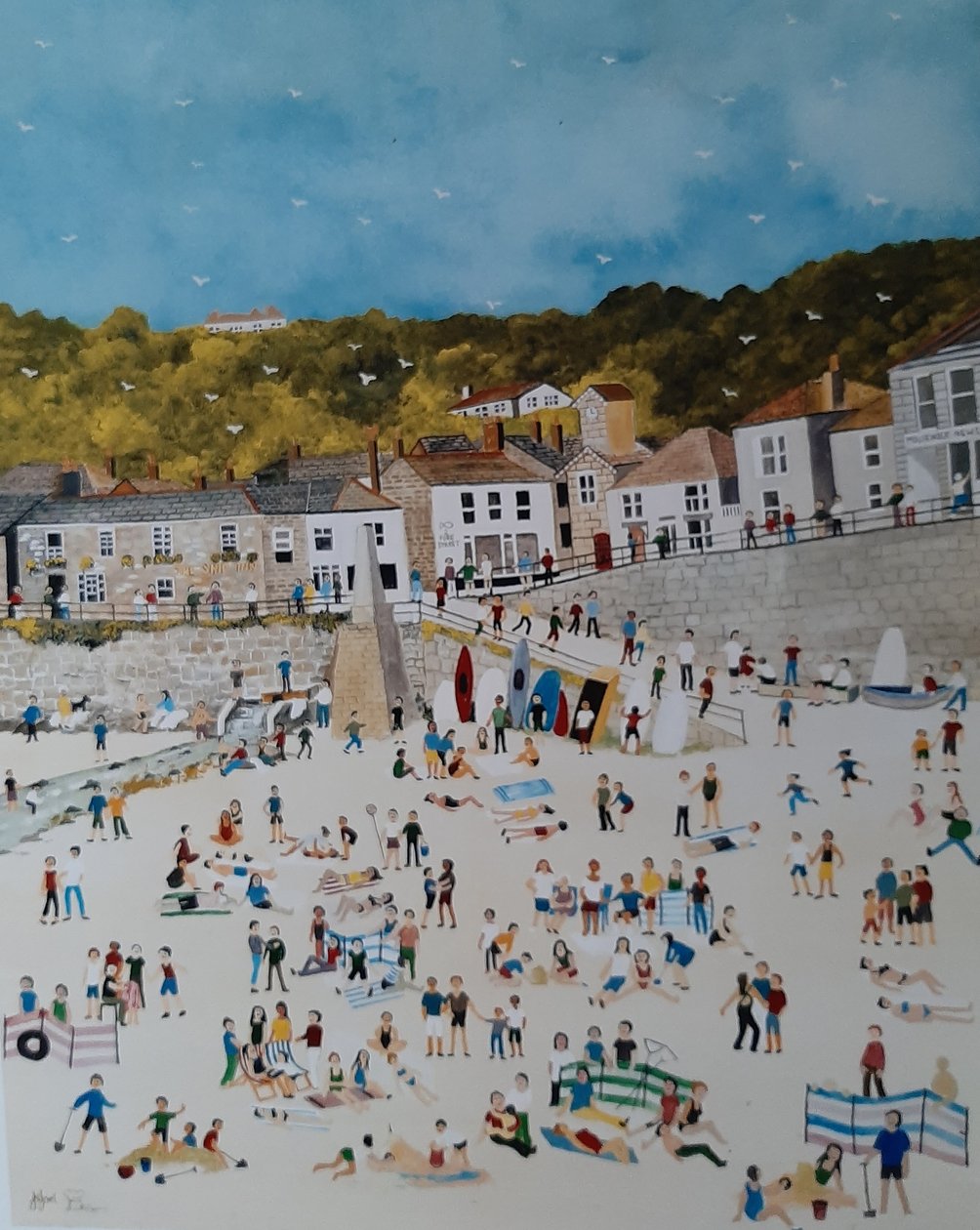 Mousehole Beach, 2018 (gouache på papir) av Judy Joel