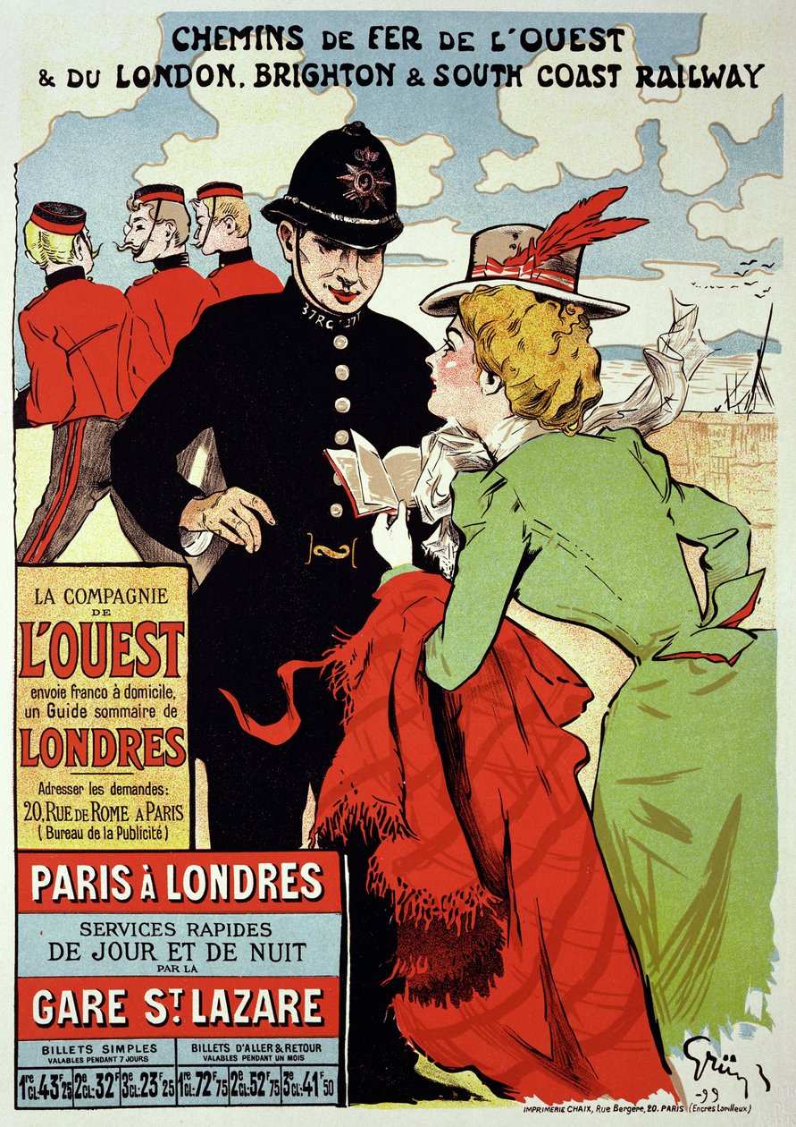 Reproduksjon av en plakat med reklametog fra Paris til London, 1899 av Jules Alexandre Gruen or Grun