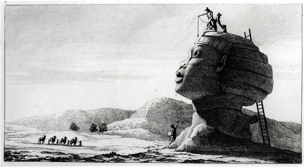 Franskmennene som måler sfinksen, fra Voyage en Egypte av Dominique Vivant Denon (1747-1825), gravert av Deparc, 1802 (bw-foto) av Jules Alfred Vincent Rigo