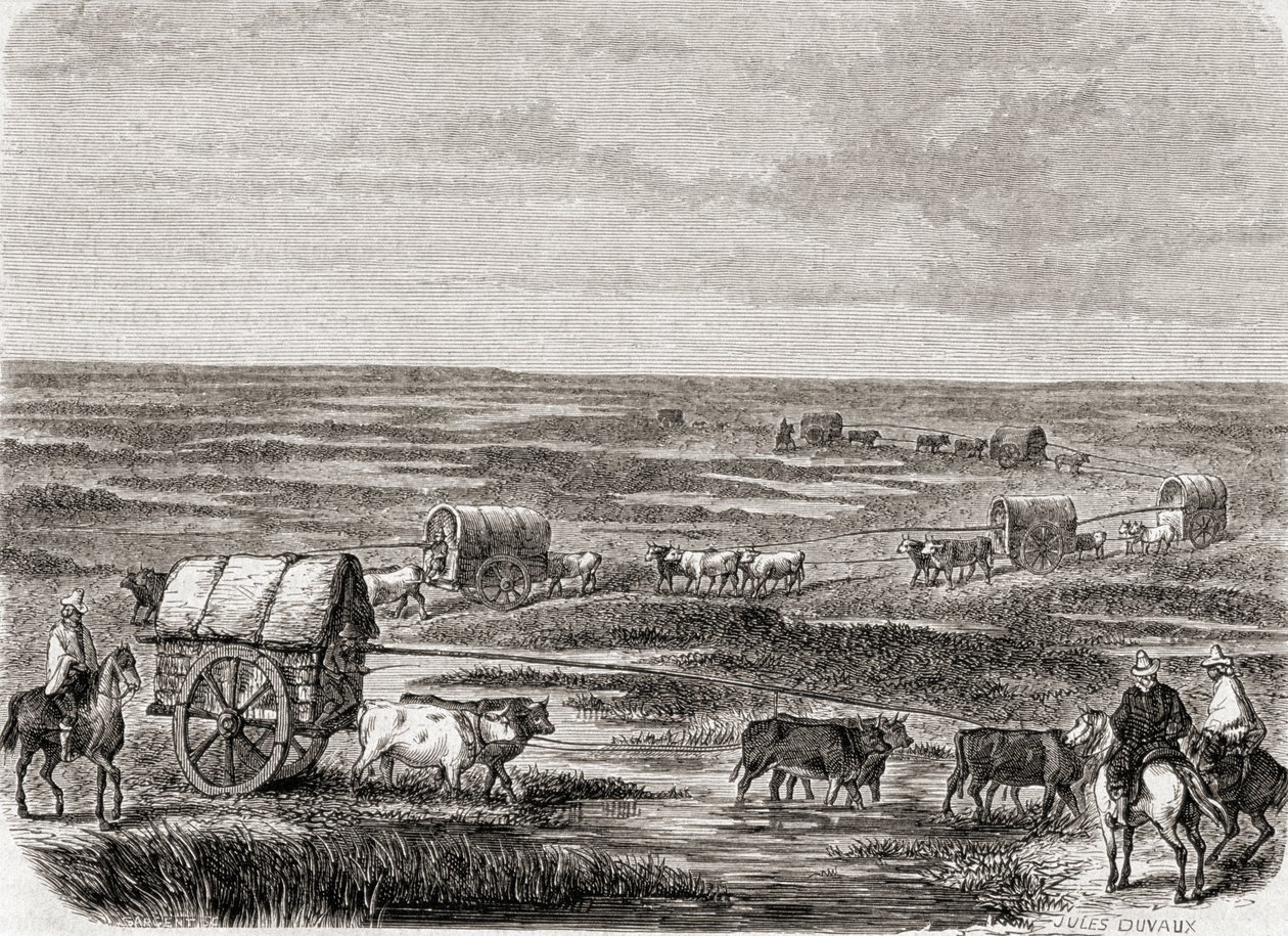 Vogntog på den argentinske Pampas på 1860-tallet, gravert av Alfred Louis Sargent (f.1828) av Jules Antoine Duvaux