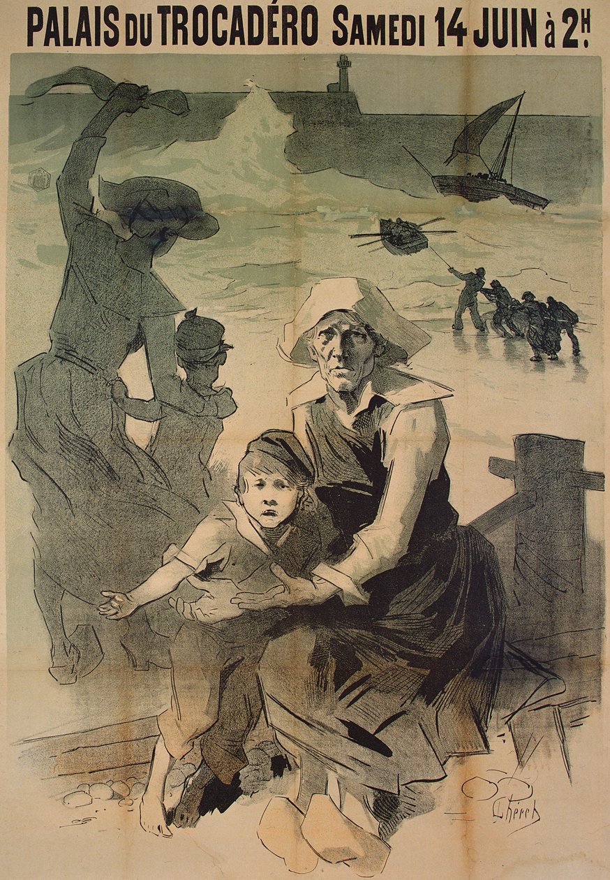Plakat som reklamerer for en veldedighetsgalla til fordel for familiene til skipbrudne sjømenn ved Palais du Trocadero, 14. juni, 1890 av Jules Cheret