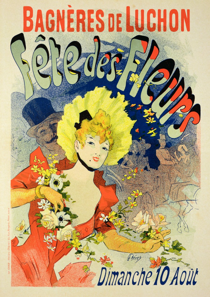 Reproduksjon av en plakat som reklamerer for blomsterfestivalen i Bagneres-de-Luchon, 1890 av Jules Cheret
