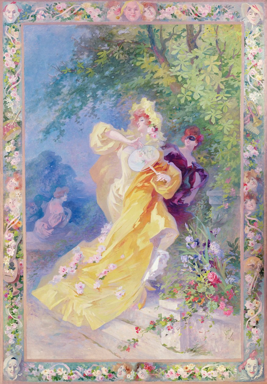 The Yellow Domino, design for et billedvev eller teppe, 1908 av Jules Cheret