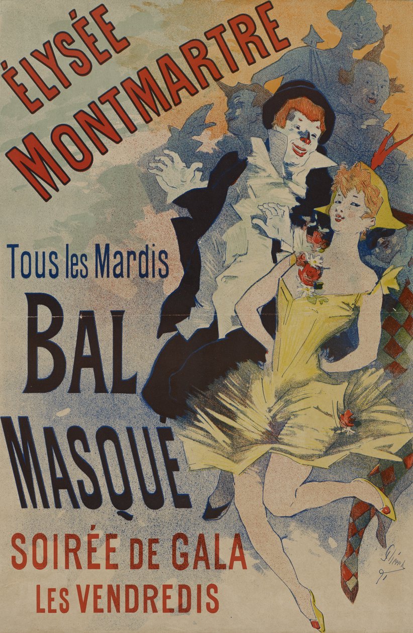 Élysée Montmartre: Bal Masque, publisert 18. januar 1891 (farge litho på papir) av Jules Cheret