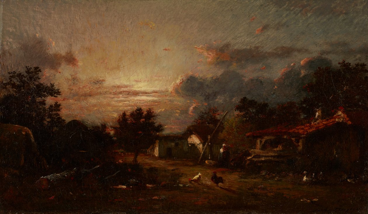 Landsbyscene, solnedgang, ca. 1870 av Jules Dupré
