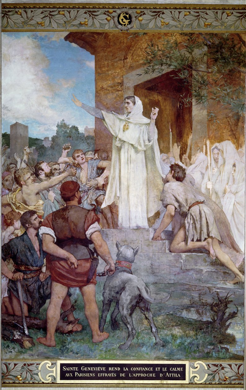 St. Genevieve beroliger pariserne ved tilnærmingen til Attila (ca. 406-453) av Jules Elie Delaunay
