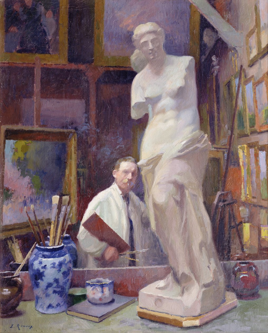 Ernest Renoux i studioet hans, 50, rue Saint-Didier av Jules Ernest Renoux