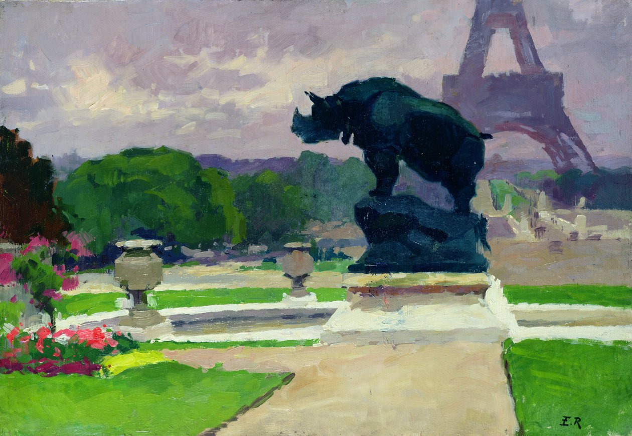 Trocadero Gardens and the Rhinoceros av Jacquemart av Jules Ernest Renoux