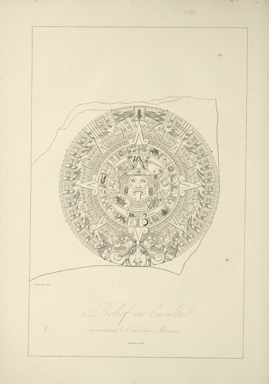 Relieff i basalt som representerer en meksikansk kalender, illustrasjon fra Views of the Cordilleras and Monuments of the Indigenous Peoples of America av Alexander von Humboldt og Aime Bonpland, 1813 av Jules Germain Cloquet