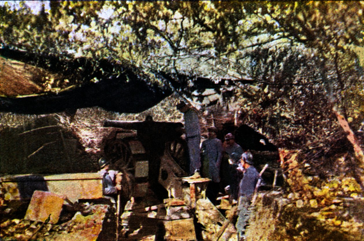 Et fransk batteri med tunge kanoner under kamuflasjenett i skogen, Verdun, september 1916 (autokrom) av Jules Gervais Courtellemont