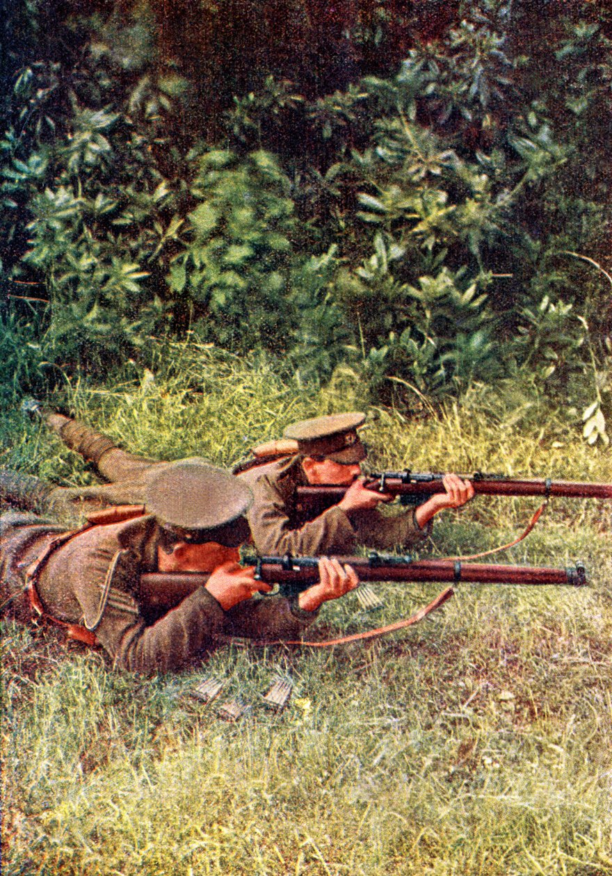 Britiske skyttere i aksjon mot bayerske drager under slaget ved Marne øst for Paris, september 1914 (autokrom) av Jules Gervais Courtellemont