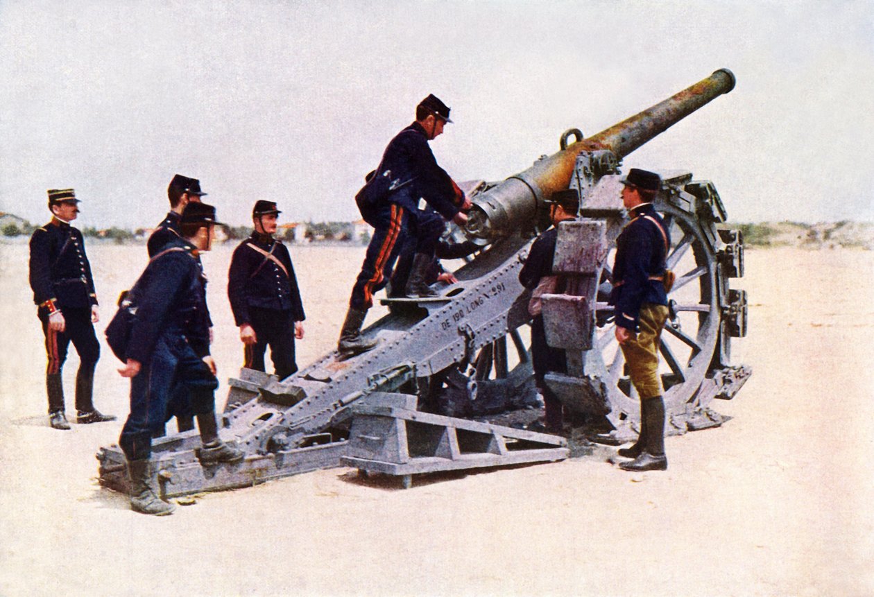Franske soldater fra hæren Franchet d'Esperey kaliber 120 med en morter i bruk under slaget ved Marne øst for Paris, september 1914 (autokrom) av Jules Gervais Courtellemont