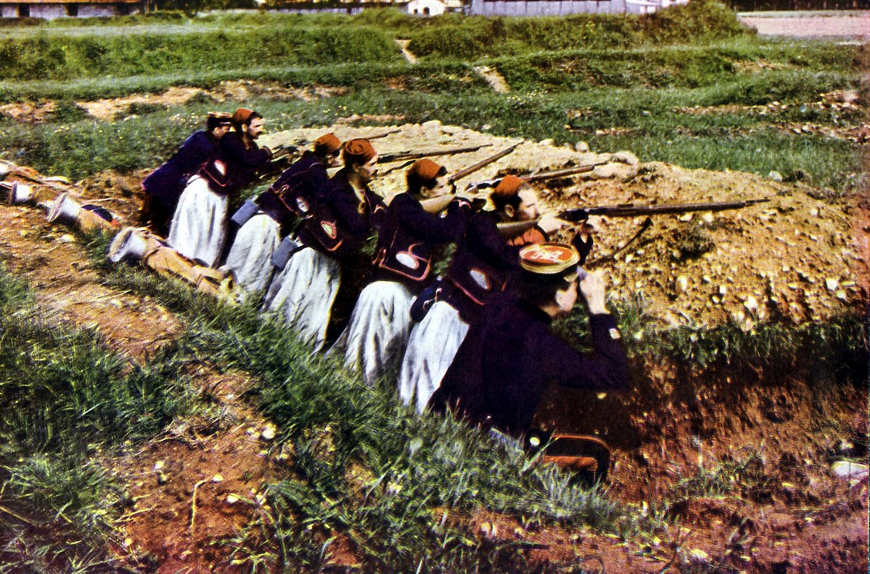 Zouave infanteritropper fra den franske hæren ved Barcy under slaget ved Marne øst for Paris, september 1914 (autokrom) av Jules Gervais Courtellemont