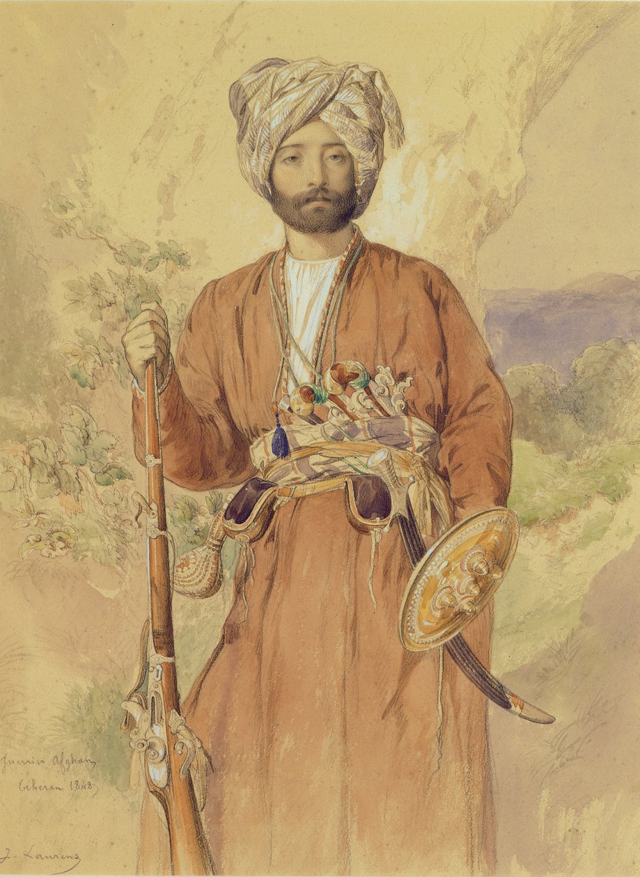 Studie av en afghansk kriger, Teheran, 1848 (blyant, wc og kroppsfarge på papir) av Jules Joseph Augustin Laurens