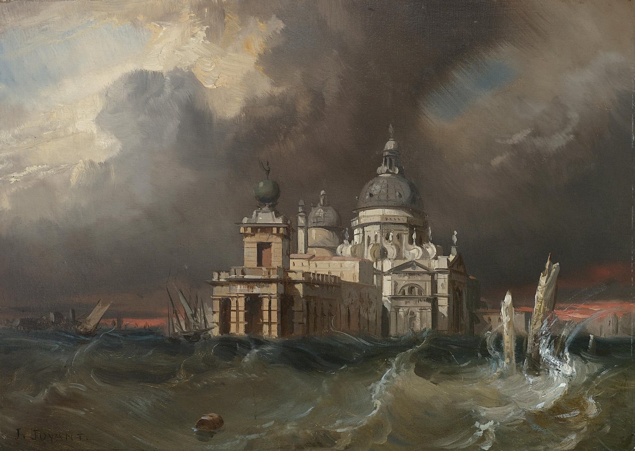 Storm over Santa Maria della Salute i Venezia av Jules Romain Joyant