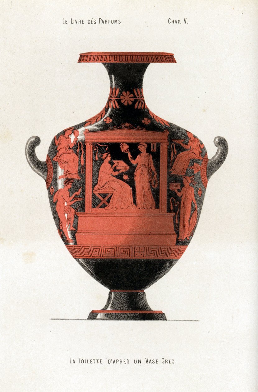 Gresk vase som dekorerer en kvinne på et toalett som holder en boks med kosmetikk og parfymer assistert av en slave som vinker med en vifte av Jules (after) Cheret