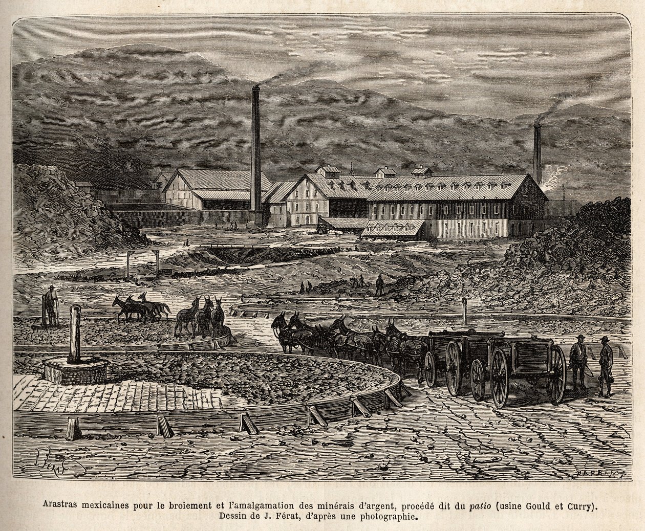 Meksikanske arastras (område tråkket av muldyrene, som for tråkking av bles) for maling og sammenslåing av sølvmalm (Gould og Curry-fabrikker) i nærheten av Virginia City (Nevada), gravering etter J.Ferats tegning , illustrati av Jules (after) Ferat