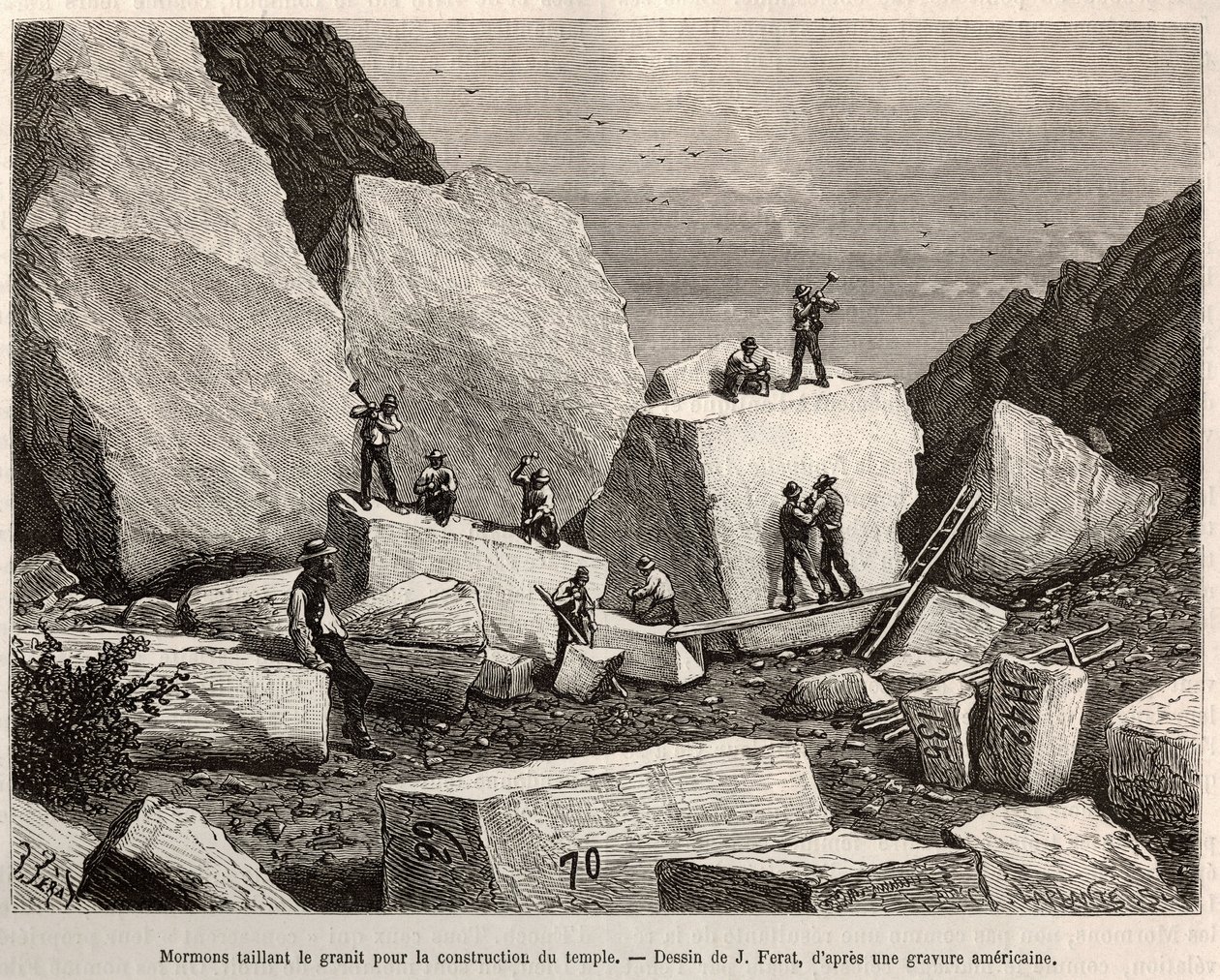 Mormonskjærende granitt for tempelbygging. Gravering etter J.Ferats tegning, for å illustrere historien La conquete blanche, av William Hepworth Dixon, i 1875, publisert i "" Le tour du monde""" 1876, redigert av Edouard Charton, Hachette-utgaven, Paris av Jules (after) Ferat