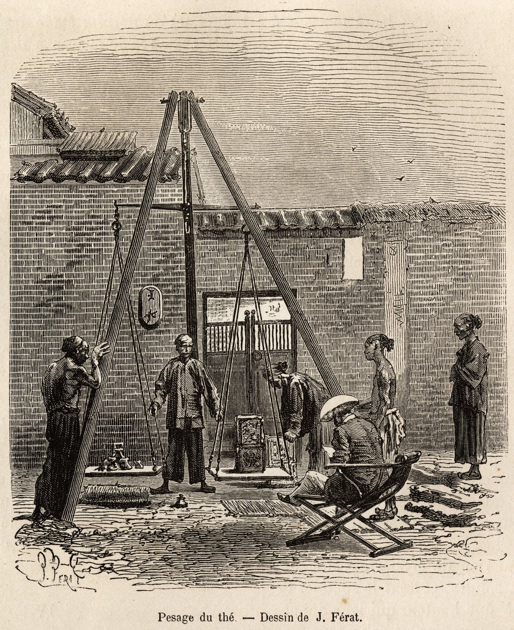 Veiingen av teen før dens ekspedisjon på kommersielle markeder i en kruttfabrikk i Fati Bay (Canton Province), gravert etter en tegning av J.Ferat som illustrerer reisen til Kina, av J. Thompson, i 1870-1872, publisert i " Le tour du monde” 18 av Jules (after) Ferat