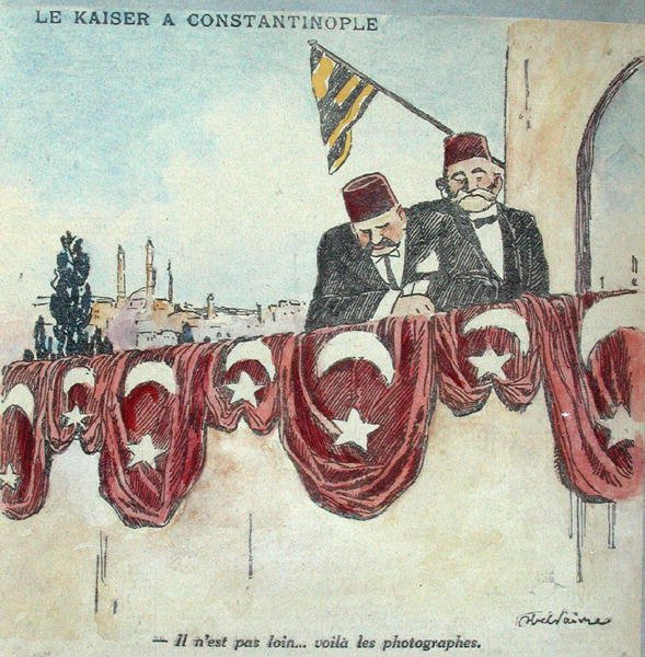 Karikatur av Kaiser Wilhelm II (1859-1941) i Konstantinopel under første verdenskrig (farge litho) av Jules Abel Faivre