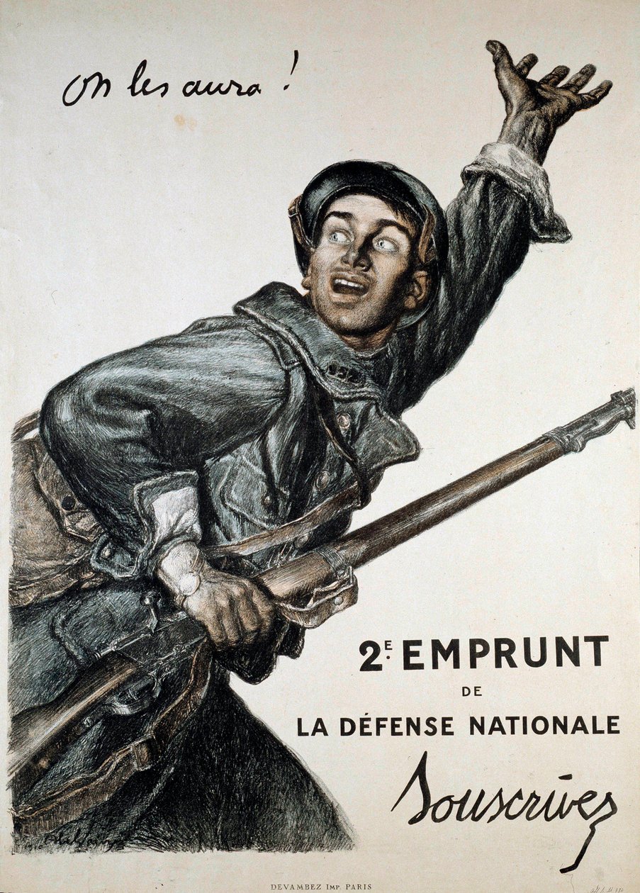 Første verdenskrig (1914-1918): plakat av Abel Faivre (1867-1945) for det nasjonale lånet. En soldat oppfordrer publikum til å abonnere på den "Vi får dem!" - 2nd Loan de la Defense Nationale - Abonner” av Jules Abel Faivre