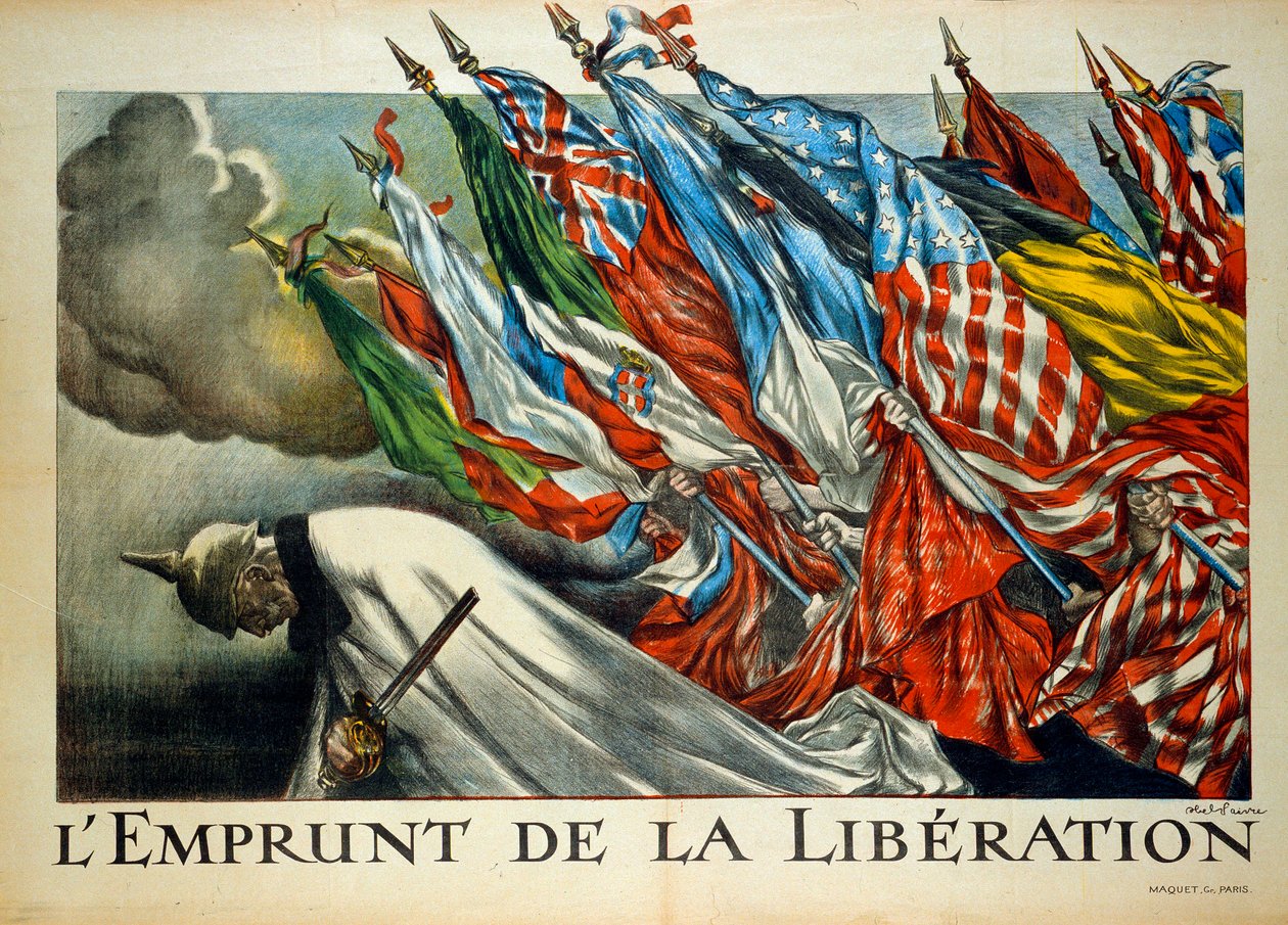 Første verdenskrig: «The Borrowing of Liberation», Vilhelm II (1859 - 1941) bukket under allierte flagg. Illustrasjon av Abel Faivre (1867-1945) av Jules Abel Faivre