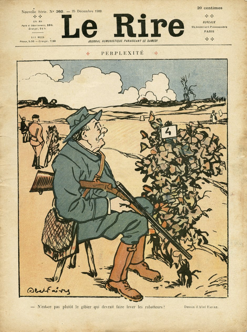 Illustrasjon av Abel Faivre (1867-1945) for omslaget til Le Lire, 25/12/09 - Perplexite - Landsbygd, Fritid, Jaktjeger av Jules Abel Faivre